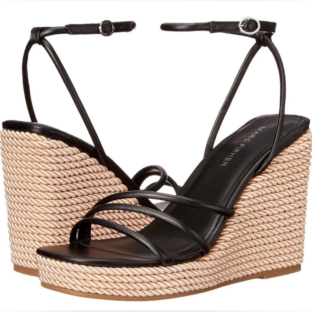 Marc Fisher Zeki Wedge Platform Sandel Black Strappy Espadrille Women’s Size 7